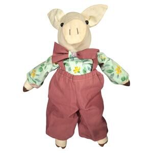 Anthropomorphic Pig Plush Vtg. Handmade 18 In. Coveralls Whimsical Folksy
